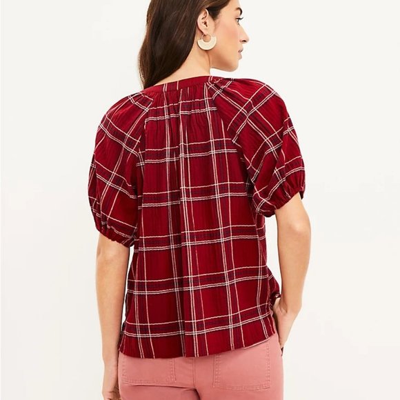 LOFT Plaid Tie Neck Puff Sleeve Top - Picture 3 of 8
